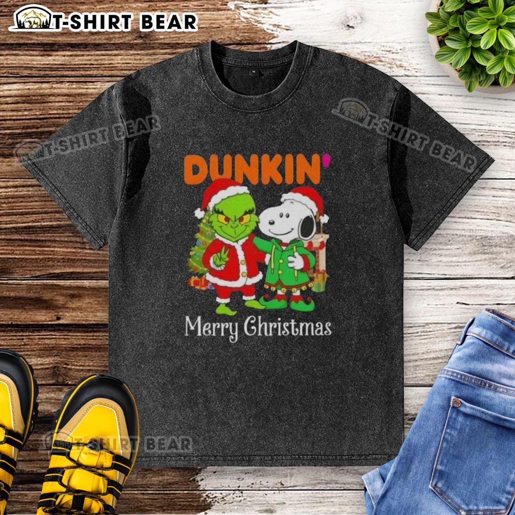 Alt Text: Top Dunkin Donuts X Grinch and Snoopy Merry Christmas washed t-shirt featuring festive graphics and vibrant colors.