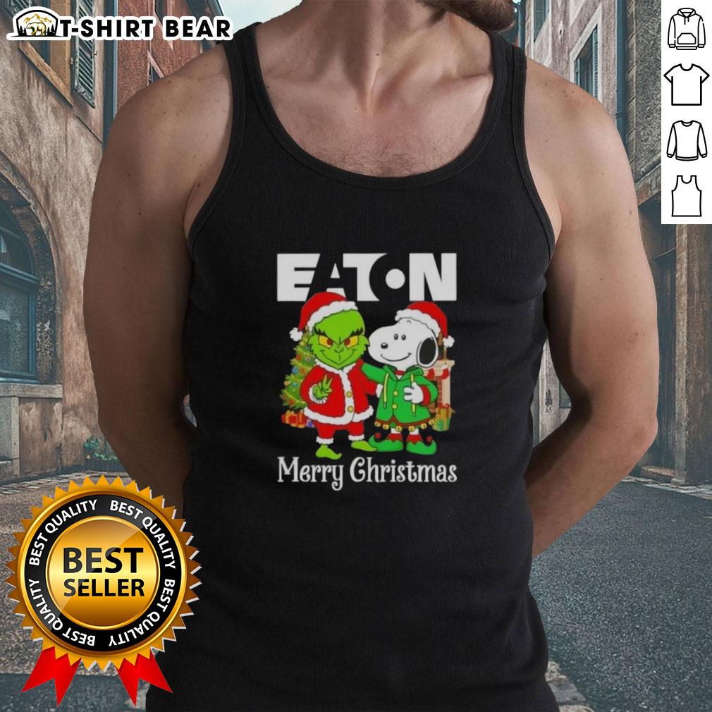Top Eaton Corporation X Grinch and Snoopy Merry Christmas tank top featuring festive designs for holiday cheer.