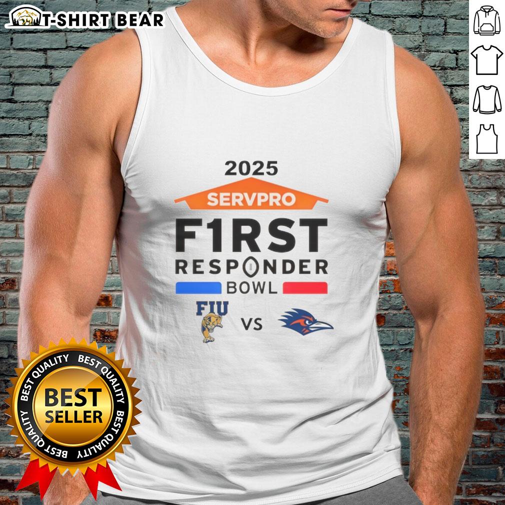 Top Florida International vs UTSA Roadrunners 2025 Servpro First Responder Bowl tank top featuring team logos and vibrant design.
