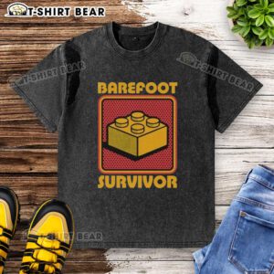 Top Foot Brick Survivor Barefoot Lego Survivor washed t-shirt design featuring a playful graphic and vibrant colors.