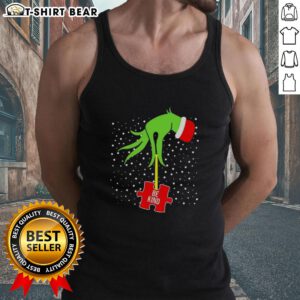 Alt Text: Top Grinch Hand Be Kind Puzzle Autism Awareness Christmas Tank Top featuring colorful design for holiday spirit.