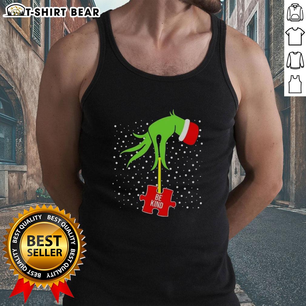 Alt Text: Top Grinch Hand Be Kind Puzzle Autism Awareness Christmas Tank Top featuring colorful design for holiday spirit.