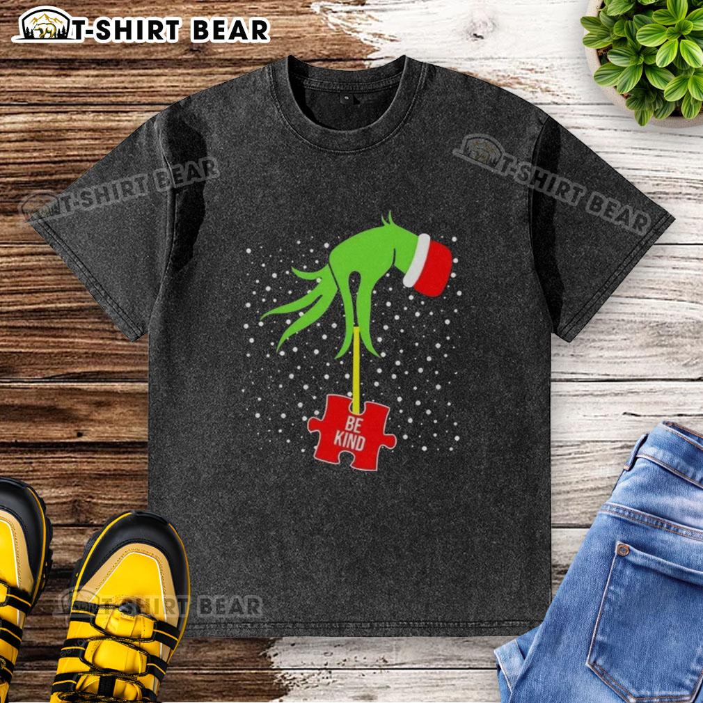 Top Grinch Hand Be Kind Puzzle Autism Awareness Christmas T-Shirt in a washed finish, perfect for festive celebrations.