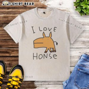 Trendy washed T-shirt featuring the popular 'I Love Horse' meme, perfect for casual wear and meme lovers.