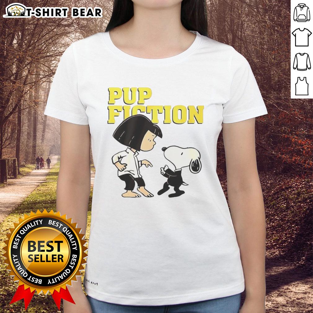Top Lucy and Snoopy Pulp Fiction Ladies Tee featuring iconic characters in a stylish graphic design for women.