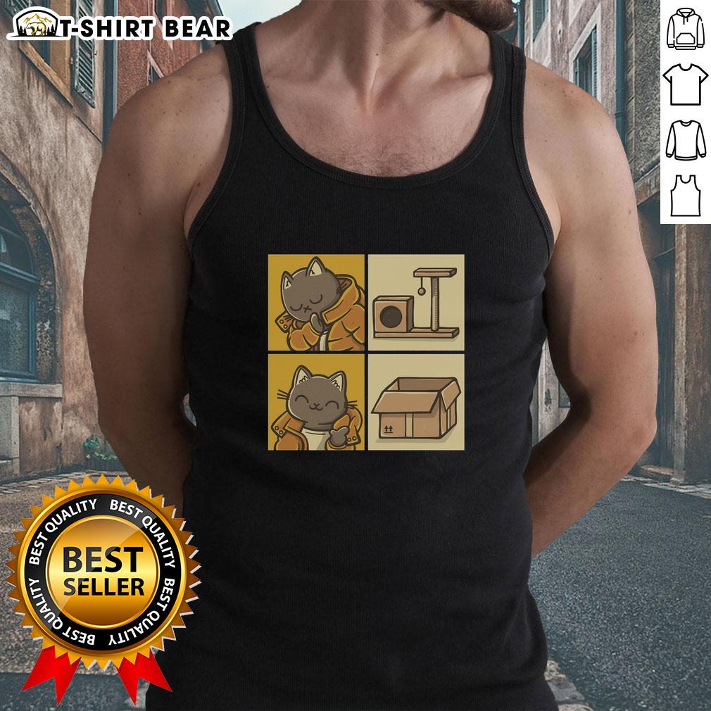Playful cat wearing a trendy tank top featuring popular meme designs, perfect for meme lovers and cat enthusiasts.