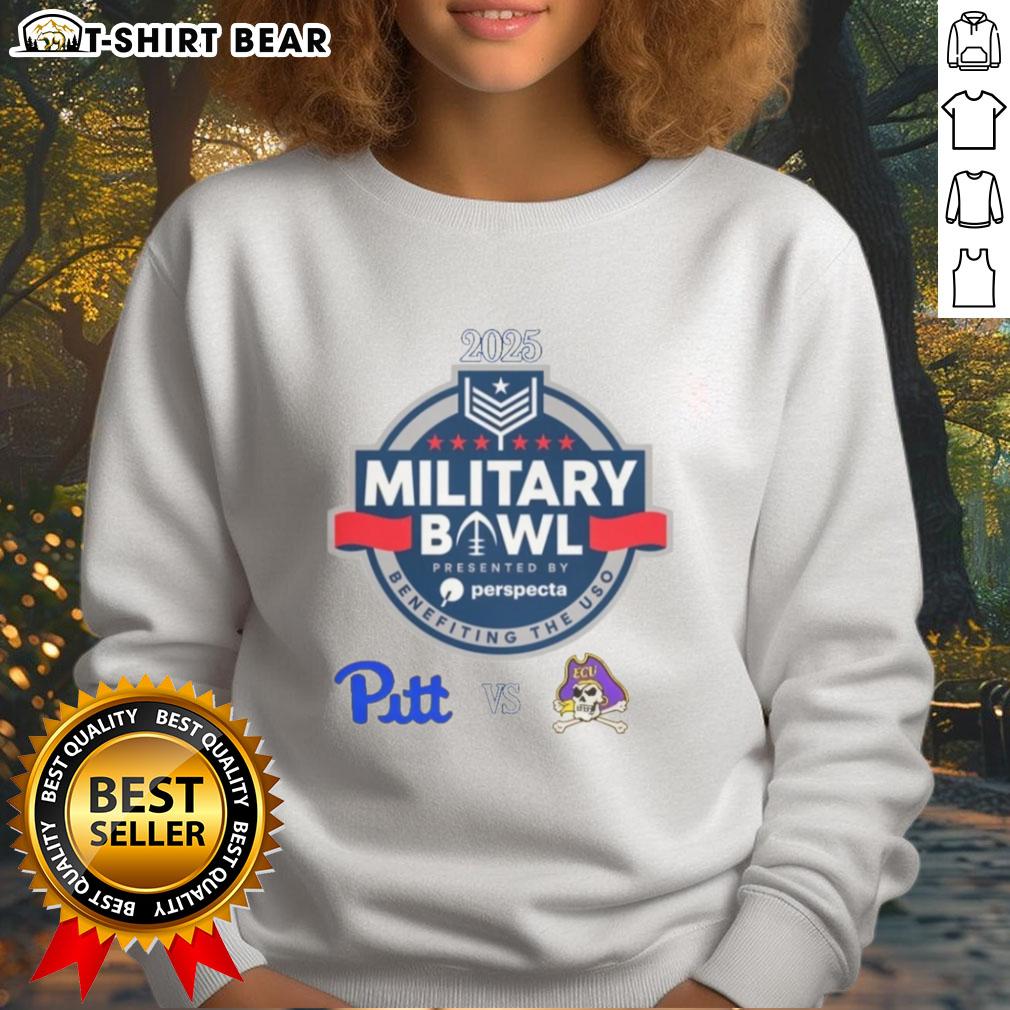 2025 Military Bowl sweatshirt featuring Pittsburgh Panthers vs. East Carolina Pirates logo and vibrant team colors.