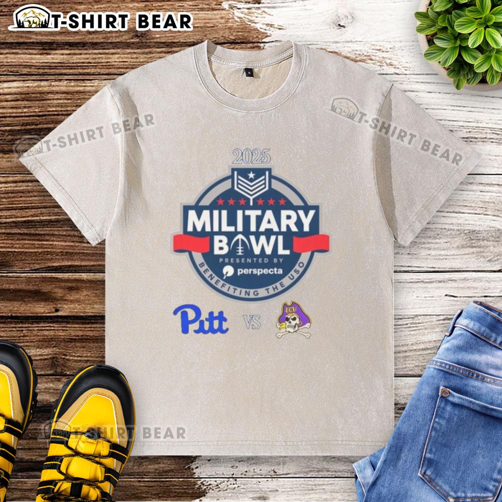 Alt Text: 2025 Military Bowl Washed T-Shirt featuring Pittsburgh Panthers vs. East Carolina Pirates graphic design.