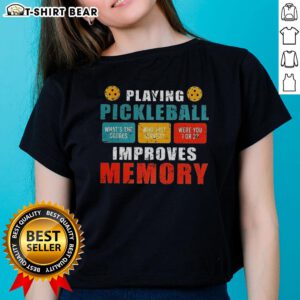Vintage ladies tee featuring 'Top Playing Pickleball Improves Memory' design, perfect for pickleball enthusiasts.