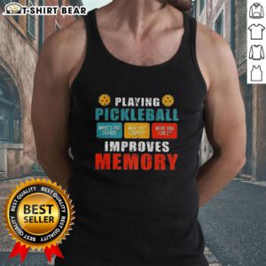 Vintage tank top featuring 'Top Playing Pickleball Improves Memory' design, perfect for pickleball enthusiasts.