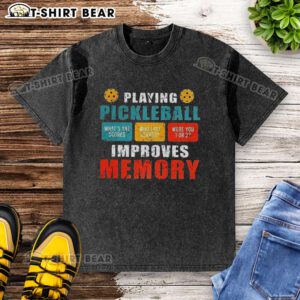 Vintage washed T-shirt featuring 'Top Playing Pickleball Improves Memory' design, perfect for pickleball enthusiasts.