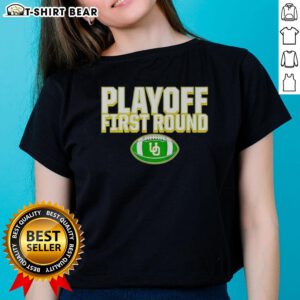 2025 CFP Winner Oregon Ducks Ladies Tee celebrating Top Playoff First Round victory with team colors and logo design.