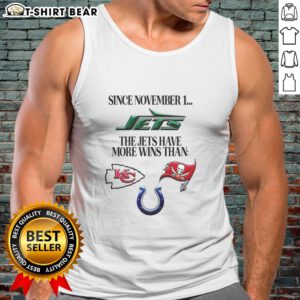 New York Jets logo with text highlighting more wins than tank top since November 1, showcasing team success.