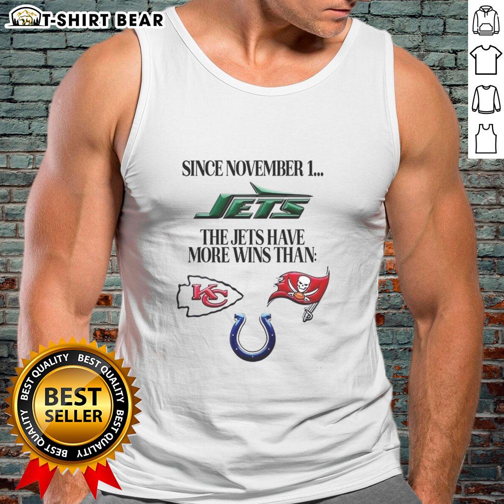 New York Jets logo with text highlighting more wins than tank top since November 1, showcasing team success.