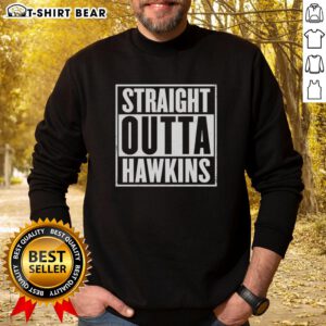 Top Straight Outta Hawkins Stranger Things sweatshirt featuring retro design, perfect for fans of the hit Netflix series.