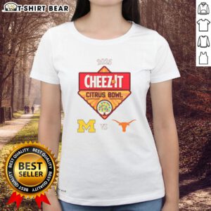 Texas Longhorns vs. Michigan Wolverines 2025 Citrus Bowl ladies tee showcasing team logos and vibrant colors.