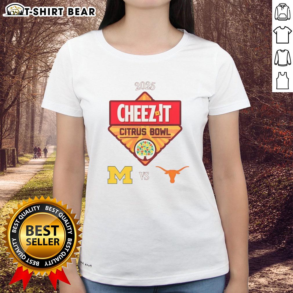 Texas Longhorns vs. Michigan Wolverines 2025 Citrus Bowl ladies tee showcasing team logos and vibrant colors.
