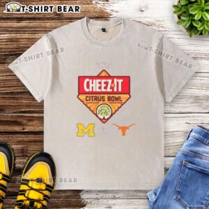 Alt Text: 2025 Citrus Bowl washed t-shirt featuring Texas Longhorns and Michigan Wolverines logos, perfect for fans.