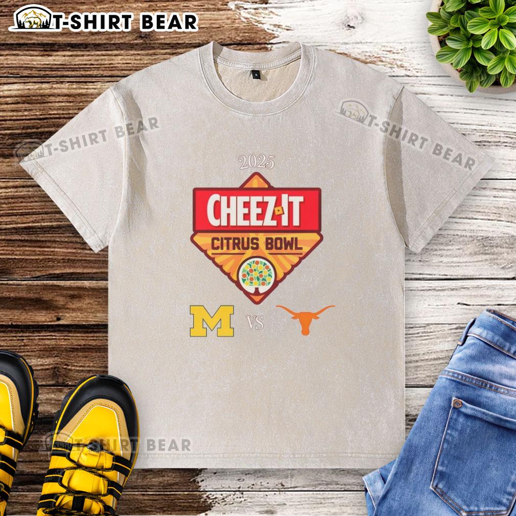 Alt Text: 2025 Citrus Bowl washed t-shirt featuring Texas Longhorns and Michigan Wolverines logos, perfect for fans.
