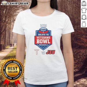Alt Text: Ladies' tee featuring the Top Troy Trojans vs. Jacksonville State Gamecocks 2025 Salute to Veterans Bowl design.