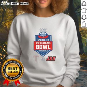 Alt Text: 2025 Salute to Veterans Bowl sweatshirt featuring Top Troy Trojans vs Jacksonville State Gamecocks logo.