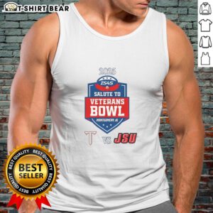 Top Troy Trojans vs Jacksonville State Gamecocks 2025 Salute to Veterans Bowl tank top design featuring team logos.