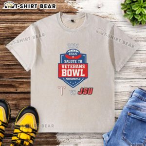 Alt Text: Top Troy Trojans vs Jacksonville State Gamecocks 2025 Salute to Veterans Bowl washed t-shirt showcasing team pride.