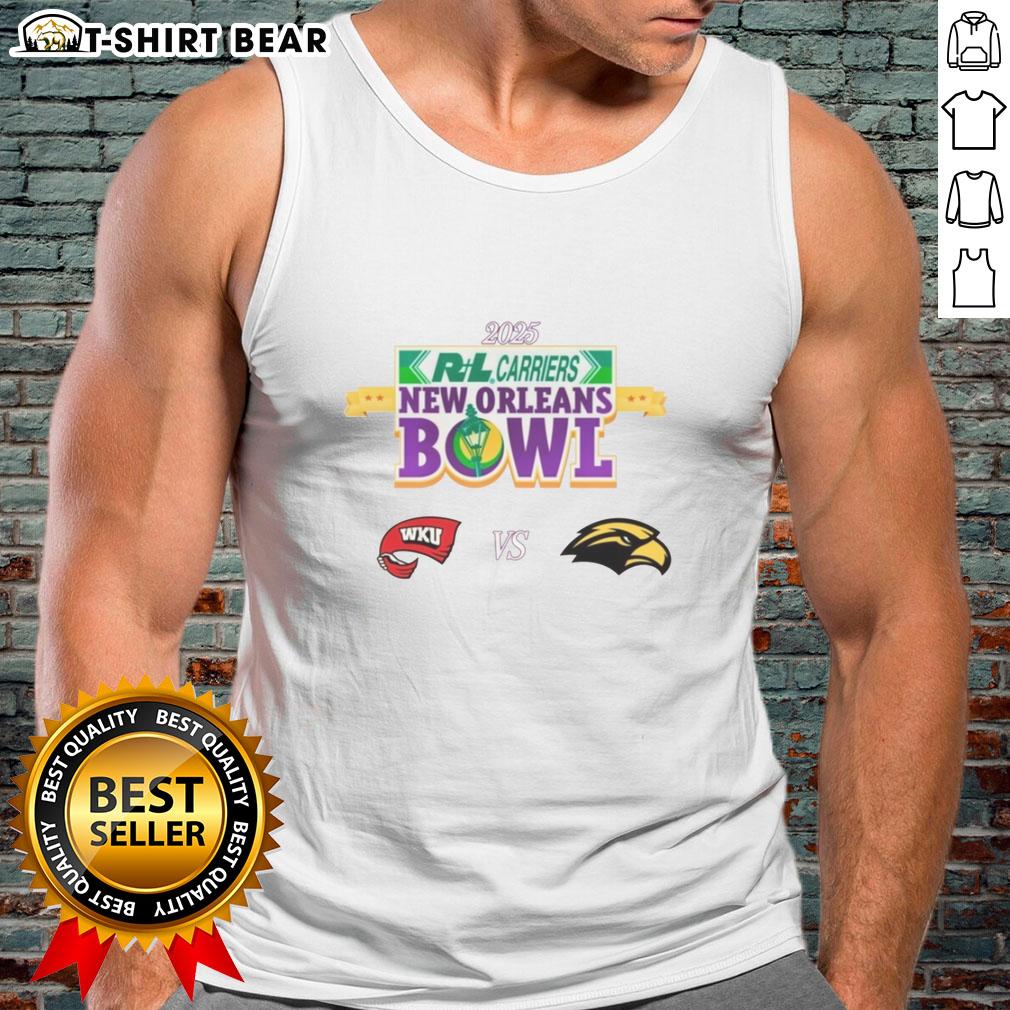 Top Western Kentucky Hilltoppers vs Southern Miss Golden Eagles 2025 New Orleans Bowl tank top featuring team logos.