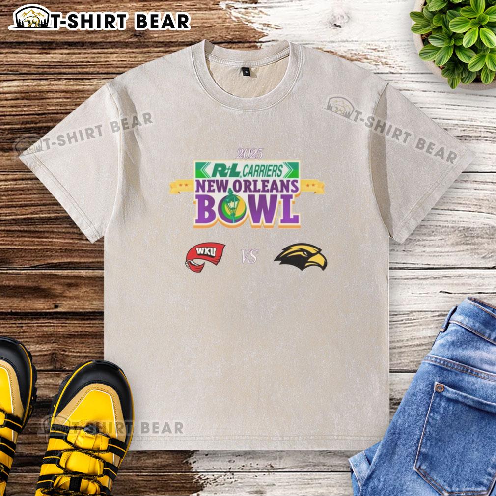 Alt Text: 2025 New Orleans Bowl washed t-shirt featuring Top Western Kentucky Hilltoppers vs Southern Miss Golden Eagles design.