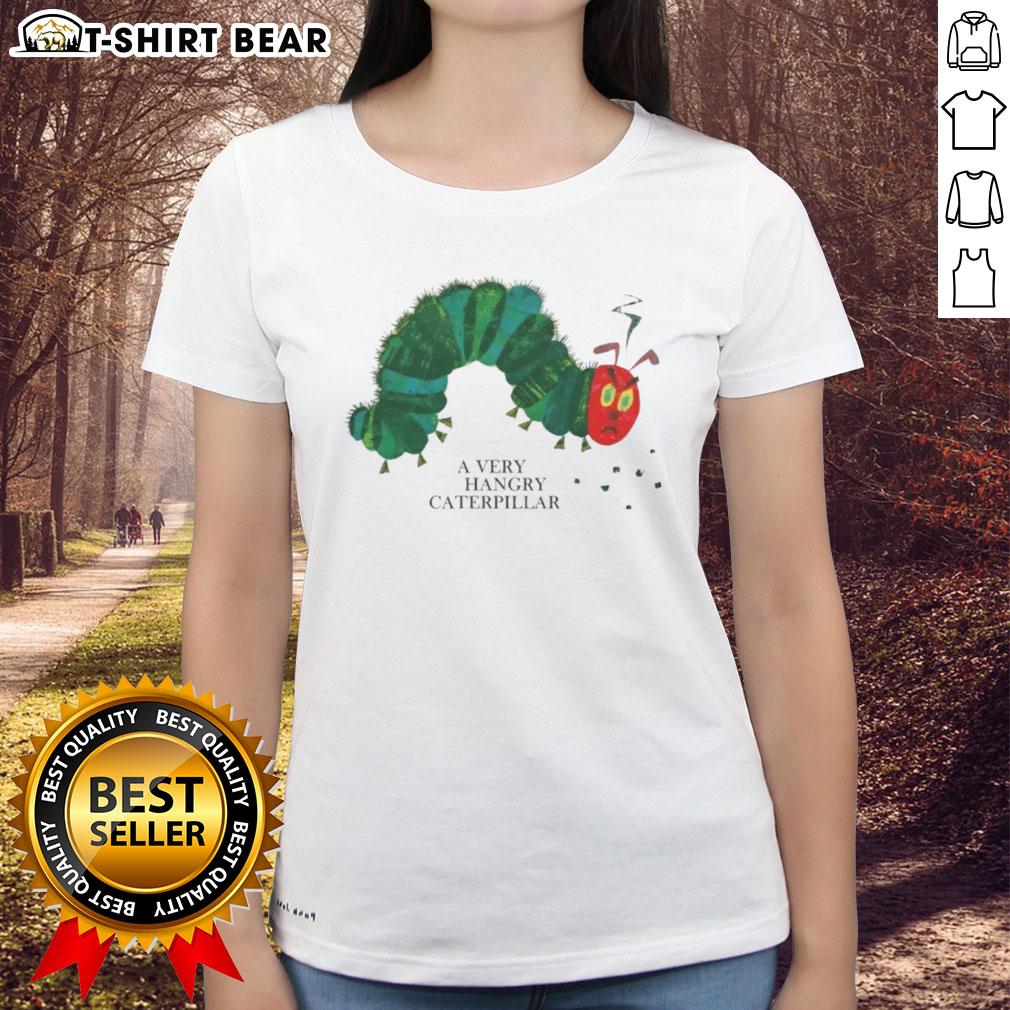 Alt Text: Awesome A Very Hangry Caterpillar Ladies Tee featuring a colorful caterpillar design, perfect for nature lovers.