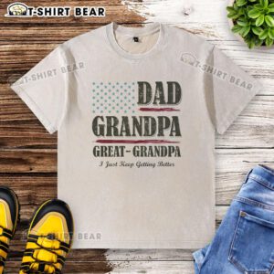 Vintage washed t-shirt featuring 'Awesome Dad, Grandpa, Great-Grandpa' design, perfect for celebrating family bonds.