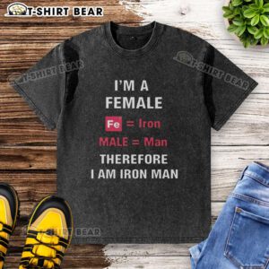 Female Iron Man washed t-shirt design featuring 'I Am Iron Man' slogan in a stylish graphic print.
