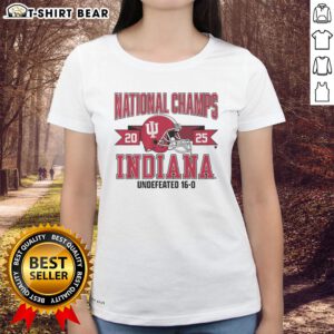 Awesome Indiana Football 2025 CFP National Champions arched helmet design on a stylish ladies tee shirt.