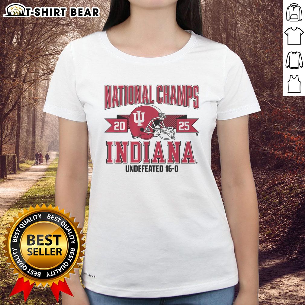 Awesome Indiana Football 2025 CFP National Champions arched helmet design on a stylish ladies tee shirt.