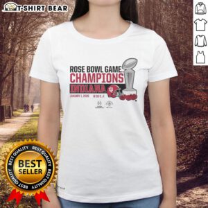 Awesome Indiana Football CFP Rose Bowl Champions Trophy Ladies Tee showcasing team pride and style.