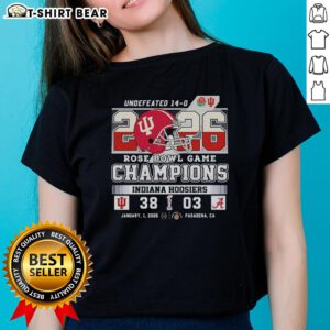 2026 Rose Bowl champions: Indiana Hoosiers defeat Alabama Crimson Tide, featuring a stylish ladies tee celebrating the victory.