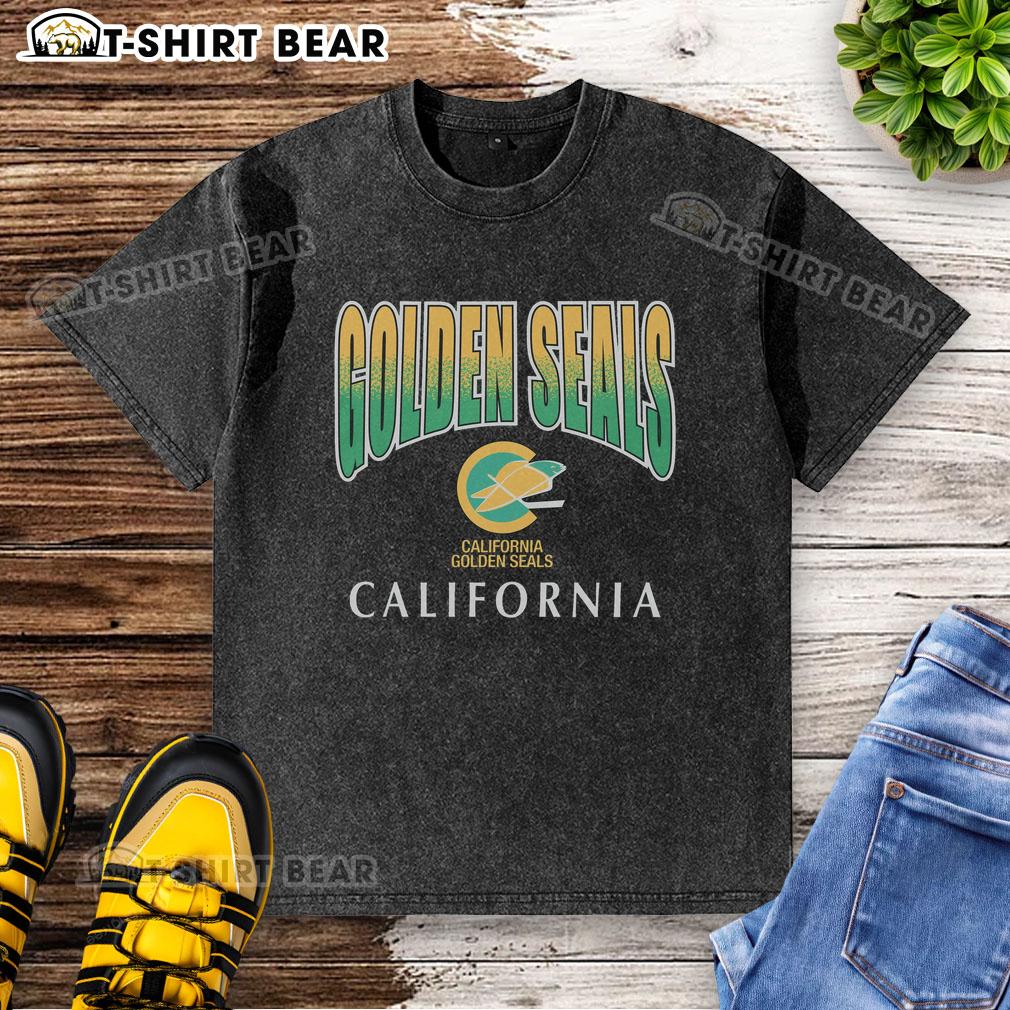 Alt Text: Cute vintage California golden seals graphic on a washed-down t-shirt, perfect for ocean lovers and casual wear.