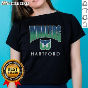 Alt Text: Cute Hartford Whalers vintage sweep down ladies tee featuring a retro design in vibrant colors, perfect for fans.