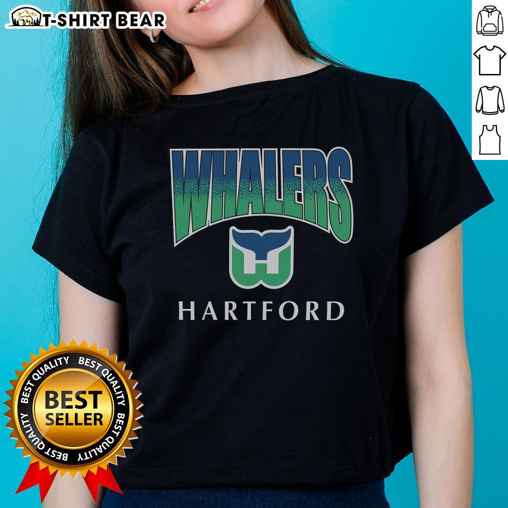 Alt Text: Cute Hartford Whalers vintage sweep down ladies tee featuring a retro design in vibrant colors, perfect for fans.