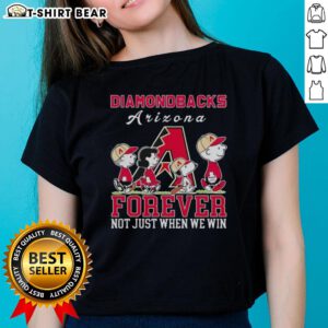 Alt Text: Cute Snoopy and Charlie Brown Arizona Diamondbacks baseball tee for ladies, celebrating fandom beyond just winning.