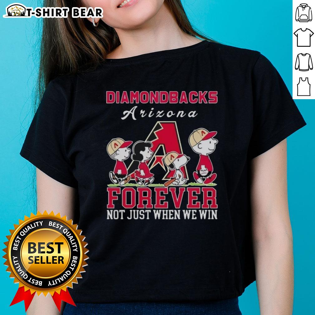 Alt Text: Cute Snoopy and Charlie Brown Arizona Diamondbacks baseball tee for ladies, celebrating fandom beyond just winning.