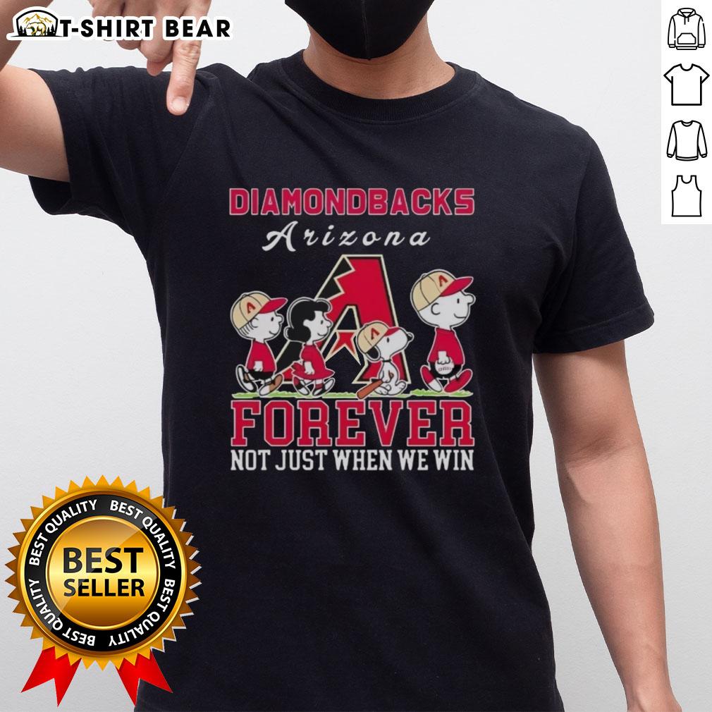 Alt Text: Cute Snoopy and Charlie Brown Arizona Diamondbacks baseball t-shirt design: 'Forever, Not Just When We Win.'