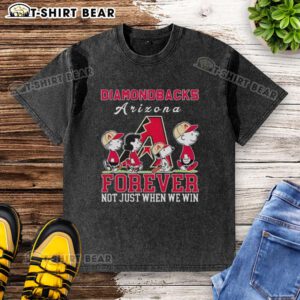 Alt Text: Cute Snoopy and Charlie Brown Arizona Diamondbacks baseball t-shirt, perfect for fans celebrating every game.