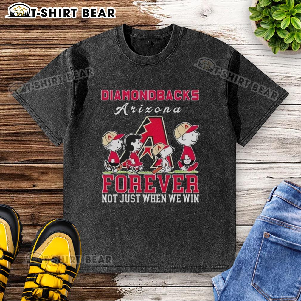 Alt Text: Cute Snoopy and Charlie Brown Arizona Diamondbacks baseball t-shirt, perfect for fans celebrating every game.