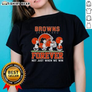 Alt Text: Cute Snoopy and Charlie Brown Cleveland Browns Forever tee for ladies, showcasing team spirit beyond just winning.