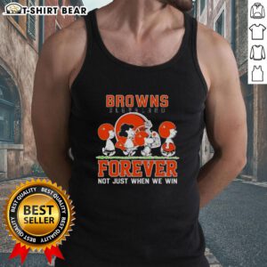 Alt Text: Cute Snoopy and Charlie Brown tank top celebrating Cleveland Browns fandom, Forever, not just when we win.
