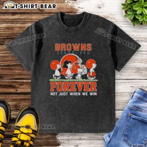 Alt Text: Cute Snoopy and Charlie Brown on a Cleveland Browns t-shirt, embodying the spirit of fandom, Forever, Not Just When We Win.