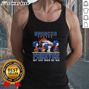 Alt Text: Cute Snoopy and Charlie Brown tank top featuring Denver Broncos design, ideal for fans celebrating all seasons.