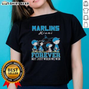 Cute Snoopy and Charlie Brown on Miami Marlins baseball tee, celebrating fans' loyalty: 'Forever, Not Just When We Win.'