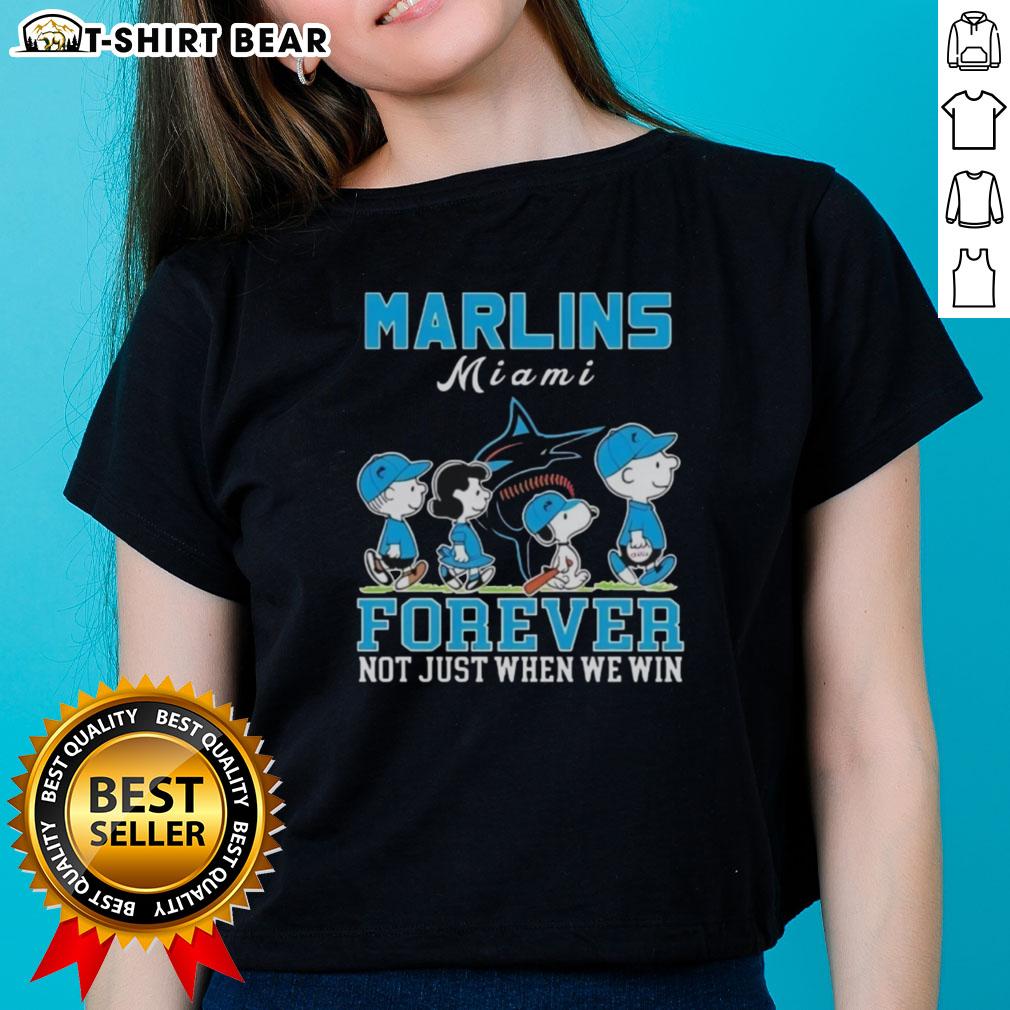 Cute Snoopy and Charlie Brown on Miami Marlins baseball tee, celebrating fans' loyalty: 'Forever, Not Just When We Win.'